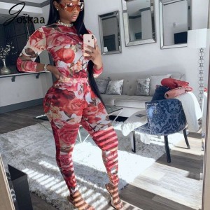 Floral Pattern Print Spliced Two Piece Set 2020 Women Long Sleeve See Through